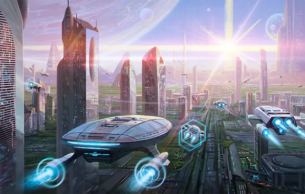 Картинка город, фантастика, транспорт, планета, небоскребы, мегаполис, art, мир будущего