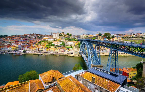 Картинка мост, река, здания, дома, крыши, панорама, Португалия, Portugal