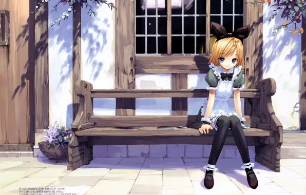 Картинка девочка, окно, у дома, art, ueda ryou, улица, бант, горничная, на скамейке
