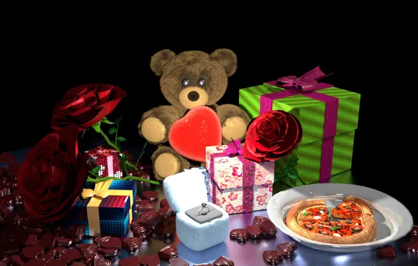 Картинка цветы, рендеринг, подарок, шоколад, кольцо, арт, мишка, подарки