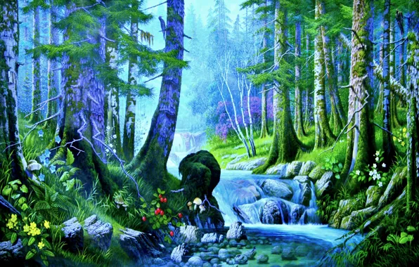 Картинка трава, вода, деревья, река, камни, Лес