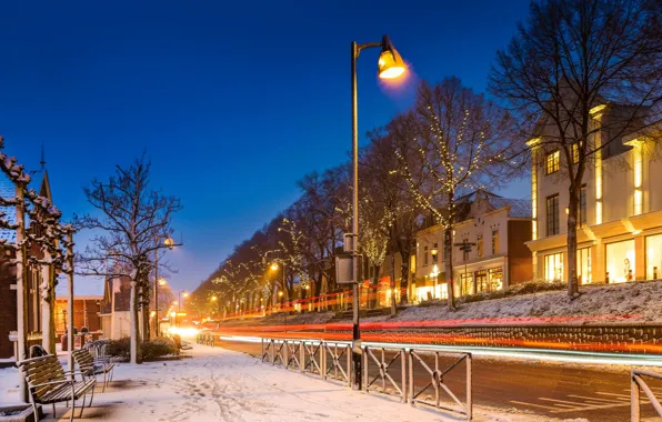 Зима, снег, ночь, огни, улица, Нидерланды, Мидделхарнис
