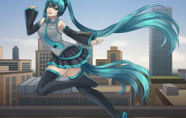 Крыша, девушка, город, волосы, арт, Hatsune Miku, miku