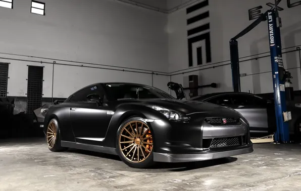 Картинка GTR, Nissan, Black, Gold, Vossen, Wheels, Garage