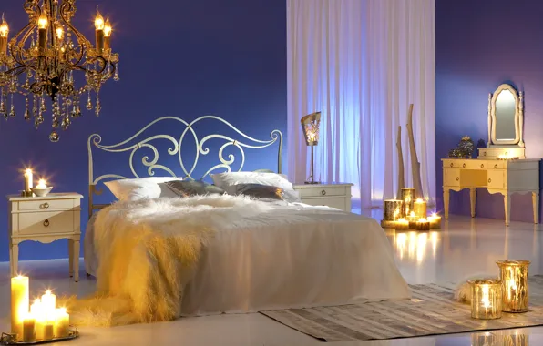 Дизайн, огонь, кровать, подушки, свечи, зеркало, люстра, постель