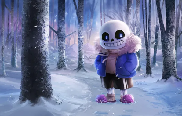 Зима, лес, игра, арт, скелет, Undertale, Андертейл