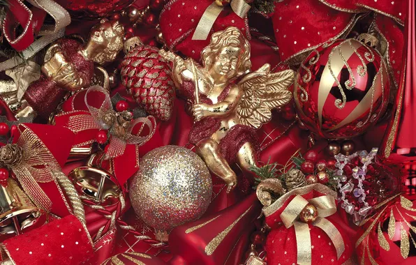 Зима, шарики, игрушки, ангелы, Новый Год, Рождество, красные, колокольчики