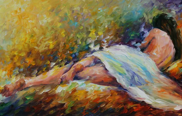 Девушка, поза, волосы, спина, ножки, живопись, Leonid Afremov