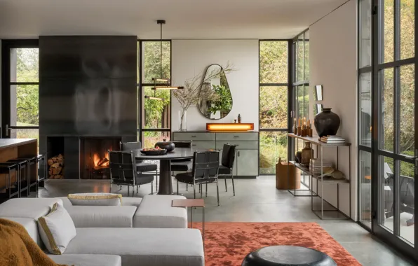Интерьер, кухня, гостиная, столовая, by Olson Kundig, False Bay Residence