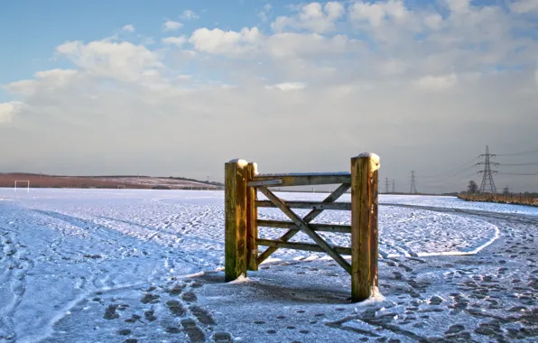 Snow, fence, gate, power line
