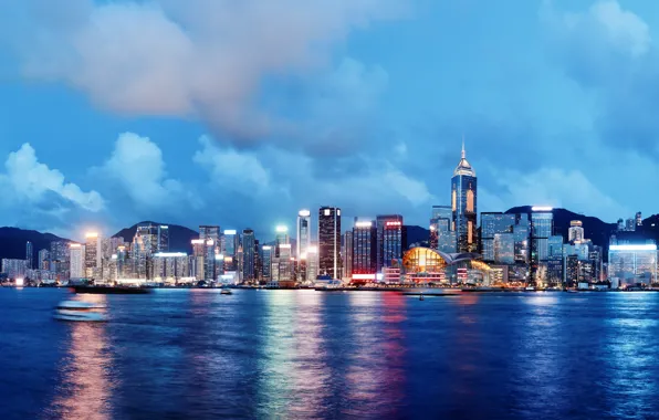 Картинка море, небо, облака, ночь, city, город, lights, огни, река, здания, корабли, Гонконг, горизонт, Китай, river, …