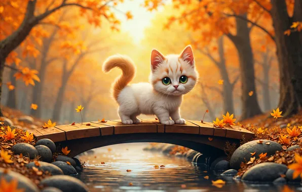 Осень, кошка, белый, взгляд, вода, солнце, свет, деревья