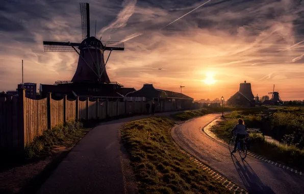 Картинка солнце, улица, мельница, Netherlands