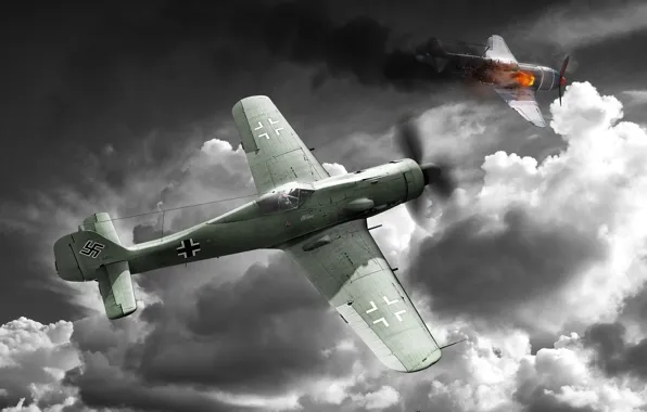 Небо, облака, самолет, война, истребитель, war thunder, Fw-190D
