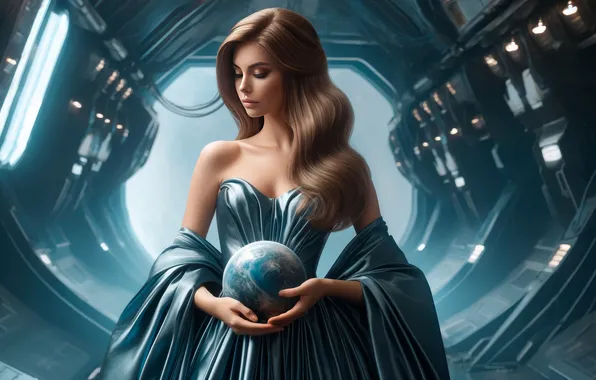 Картинка science fiction, spaceship, women, planet, satin, AI art