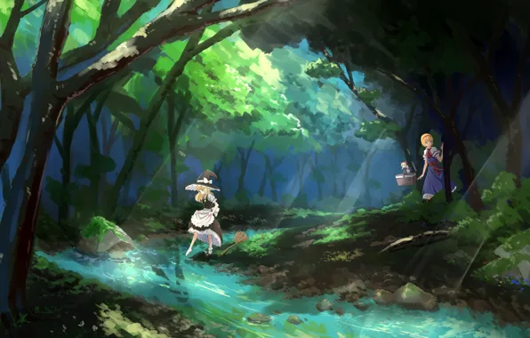 Лес, ручей, камни, шляпа, Shanghai, метла, touhou, лучи света