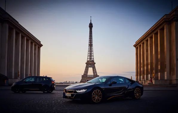 Закат, Франция, Париж, вечер, BMW, пара, Эйфелева башня, BMW i3
