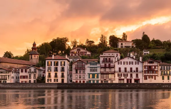 Закат, река, Франция, здания, дома, набережная, France, Ciboure
