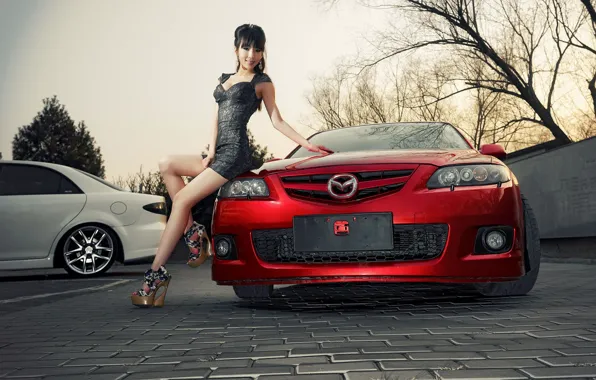 Картинка взгляд, Девушки, Mazda, азиатка, красивая девушка, красный авто, красивое платье, позирует над машиной