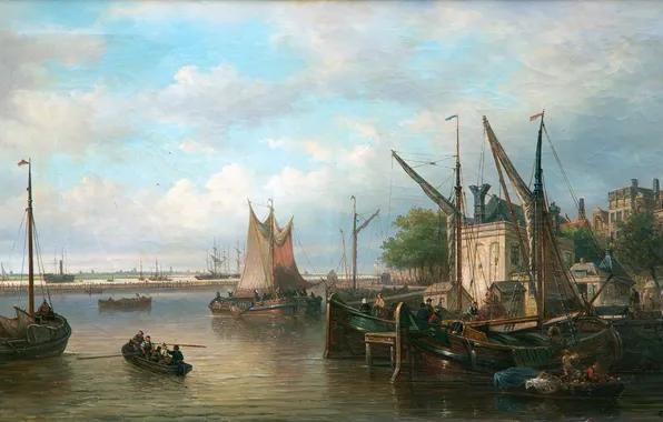 Вода, Дома, Люди, Лодки, Картина, Корабли, Голландский художник, Elias Pieter van Bommel