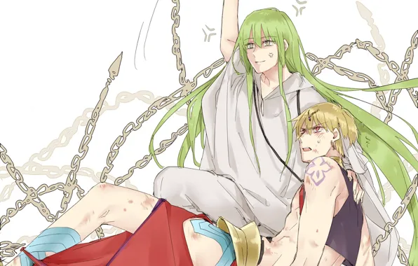 Спасение, цепи, двое, Гильгамеш, ссадины, Fate / Grand Order, Судьба великая кампания