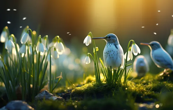 Цветы, птицы, природа, птица, поляна, весна, подснежники, белые