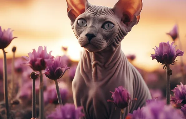 Поле, кошка, лето, кот, взгляд, свет, цветы, природа