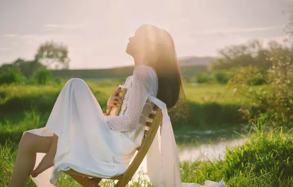 Asian, Model, Sun, Woman, Chair, Reading, Japanese, Book