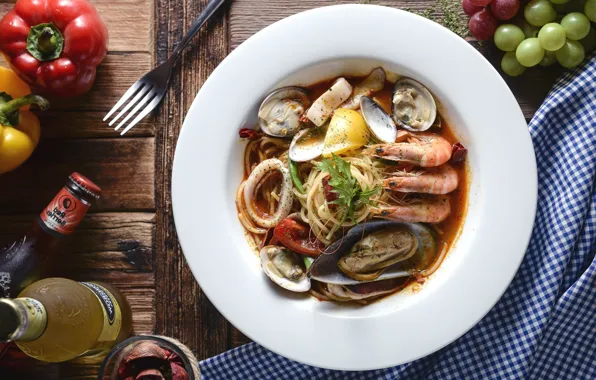 Овощи, креветки, морепродукты, моллюски