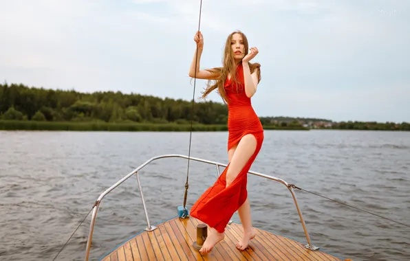 Девушка, поза, яхта, фигура, рыжая, красное платье, рыжеволосая, длинные волосы