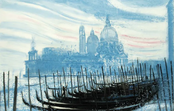Картинка картина, лодки, Венеция, собор, гондола, городской пейзаж, Andre Brasilier