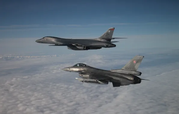 Lancer, B-1B, ВВС США, Rockwell, General Dynamics F-16 Fighting Falcon, стратегический бомбардировщик, с крылом изменяемой …