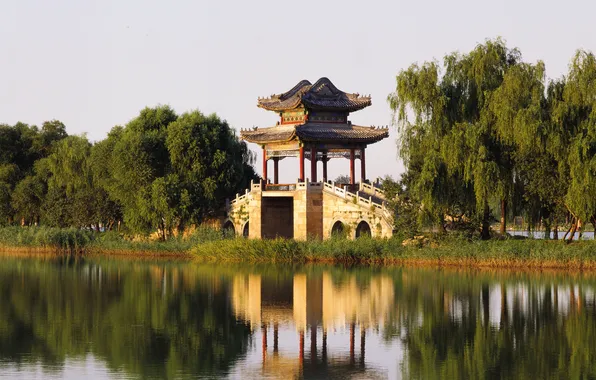 Картинка мост, природа, озеро, отражение, башня, Palace Beijing