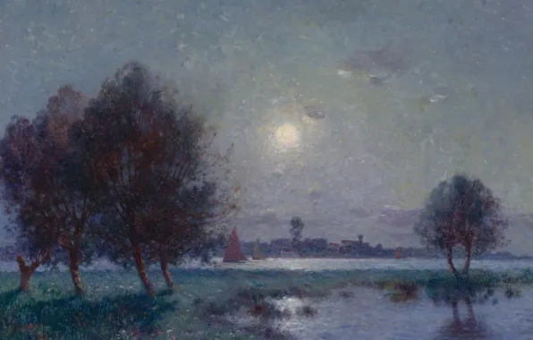 Деревья, пейзаж, ночь, река, лодка, картина, парус, Ferdinand du Puigaudeau