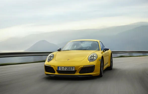 Картинка дорога, небо, асфальт, горы, жёлтый, Porsche, 2018, 911 Carrera T