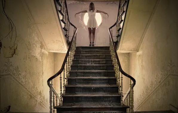 Девушка, поза, лестница