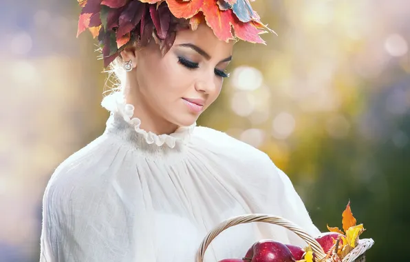 Картинка взгляд, листья, девушка, ресницы, модель, волосы, яблоки, фрукты