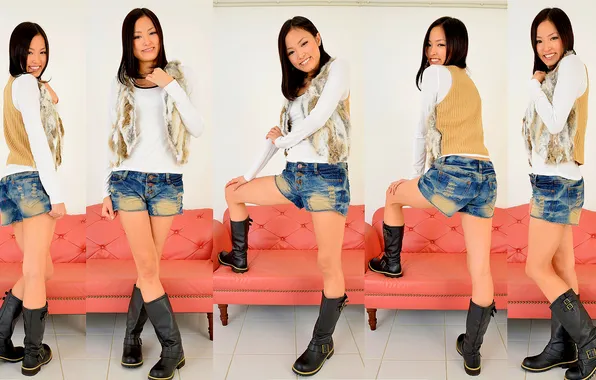 Beautiful, Asian, Model, Smile, Denim, Woman, Sofa, Cute