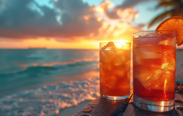 Лед, море, пляж, лето, стакан, отдых, коктейль, summer
