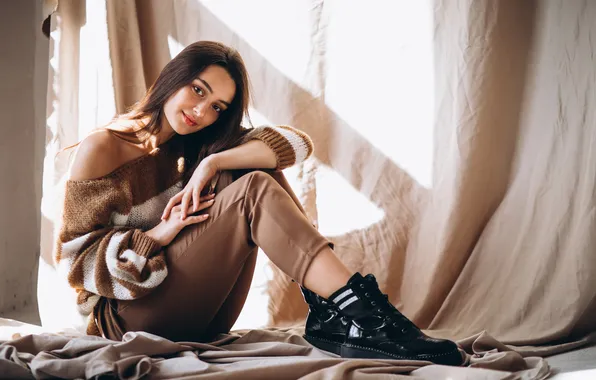 Woman, young, sitting, warm, ground, sweater