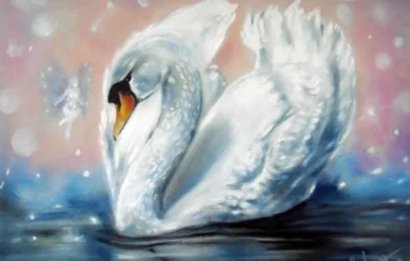 Белый, вода, крылья, фея, лебедь, живопись