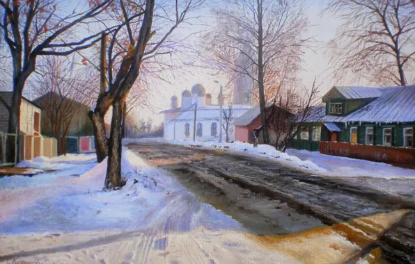 Картинка дорога, снег, город, улица, окна, масло, дома, картина