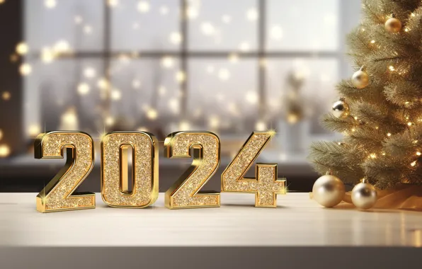 Шары, елка, Новый Год, Рождество, цифры, golden, new year, happy