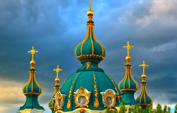 Картинка небо, облака, деревья, тучи, церковь, храм, орнамент, Украина