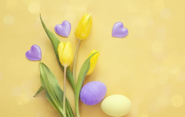 Картинка цветы, весна, Пасха, сердечки, тюльпаны, wood, flowers, hearts