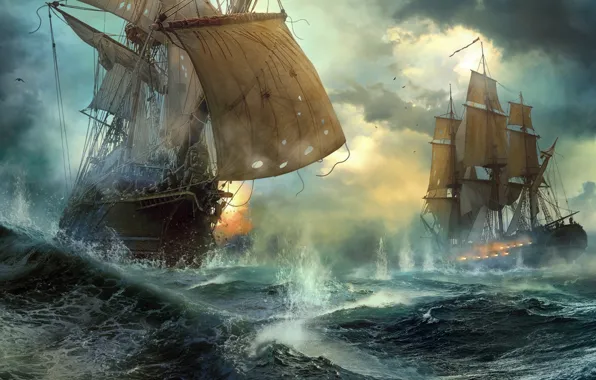 Картинка корабли, дуэль, морской бой, Duel, Vladimir Manyukhin