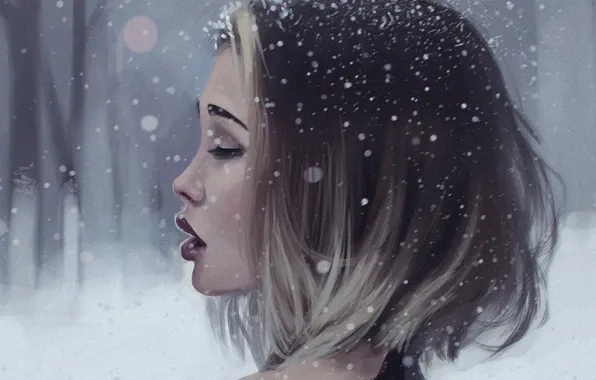 Картинка зима, девушка, снег, лицо, арт, губы