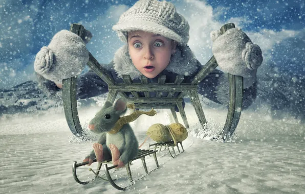 Картинка зима, снег, мышь, девочка, санки, арахис