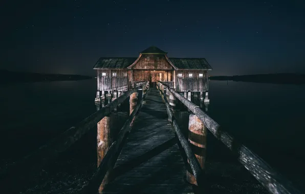 Картинка ночь, мост, озеро, дом