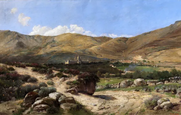 Картинка пейзаж, горы, замок, картина, долина, дворец, Felix Borrell Vidal, Пейзаж с Эскориалом